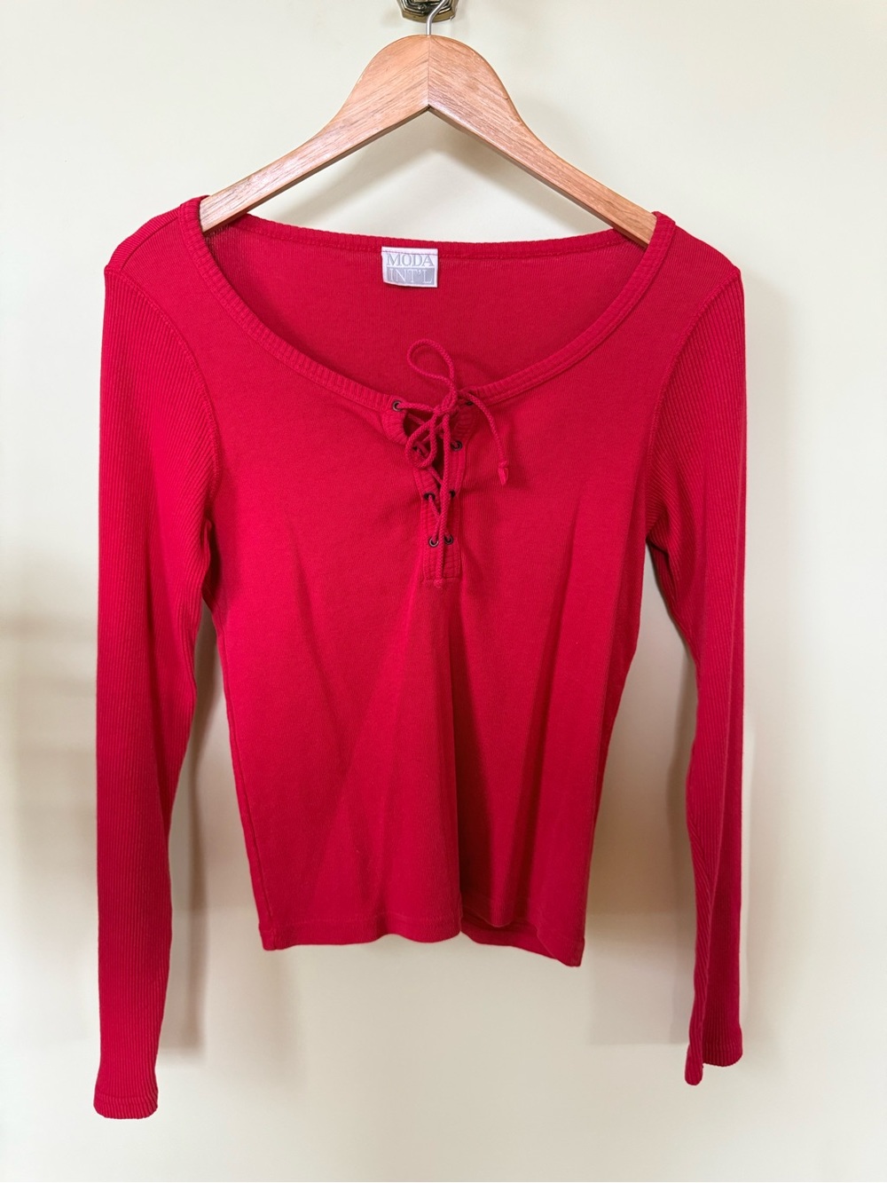 Moda International Vintage Lace-Up Ribbed Long-Sleeve Top Y2K Cotton